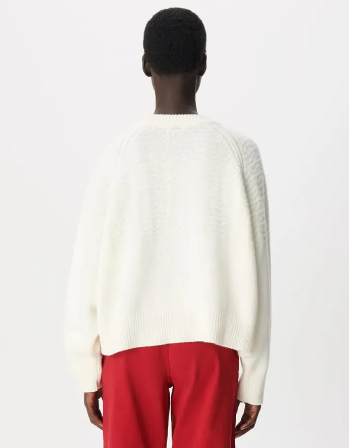 Pull col rond blanc tricot points fantaisie Femme