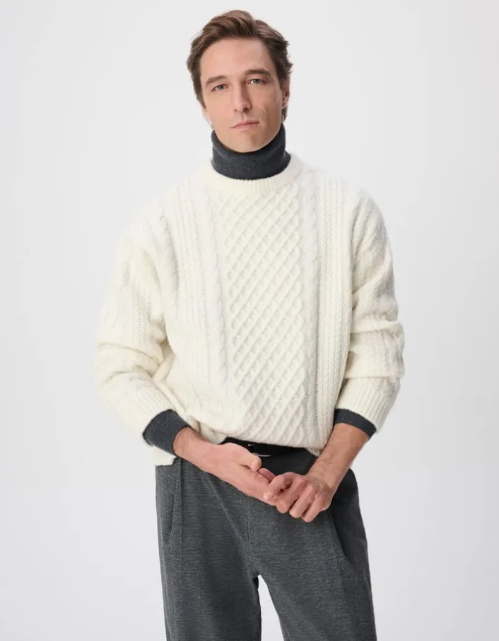 Pull col rond blanc tricot points torsades Homme