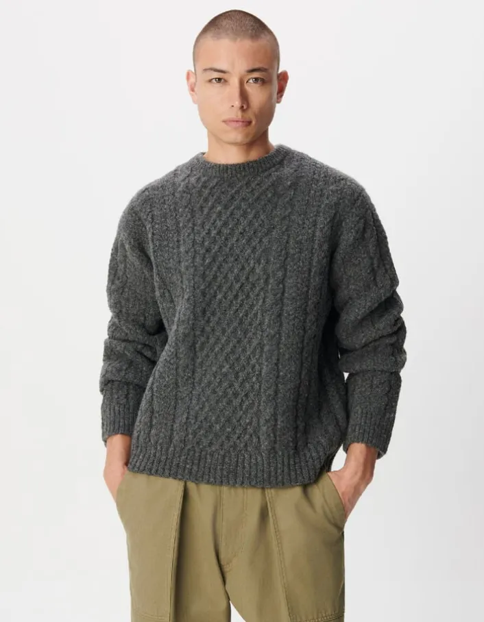 Pull col rond gris tricot points torsades Homme