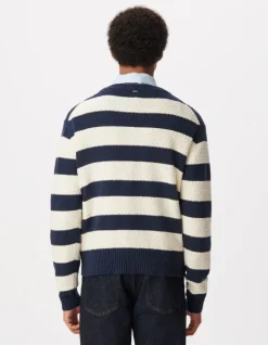Pull col rond marine tricot motif rayures écrues Homme
