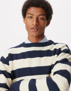 Pull col rond marine tricot motif rayures écrues Homme