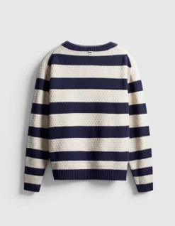 Pull col rond marine tricot motif rayures écrues Homme