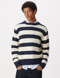 Pull col rond marine tricot motif rayures écrues Homme