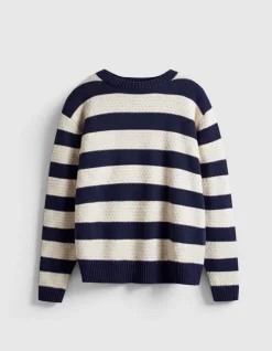Pull col rond marine tricot motif rayures écrues Homme