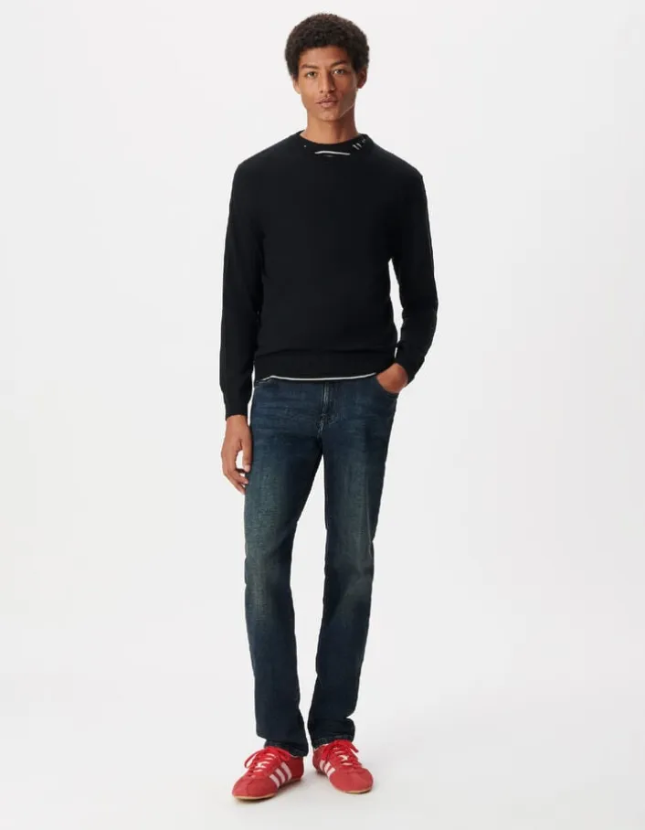 Pull col rond noir tricot 100% laine Homme