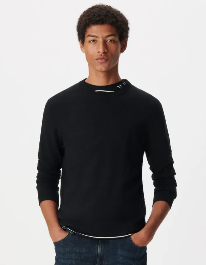 Pull col rond noir tricot 100% laine Homme