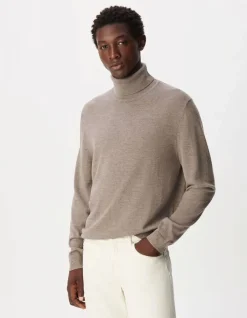 Pull col roulé beige tricot 100% laine Homme