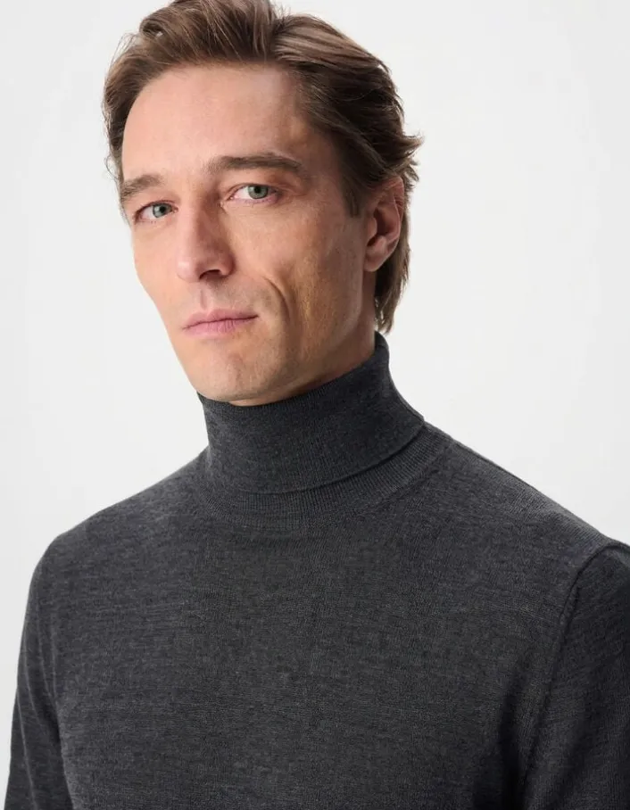 Pull col roulé gris tricot 100% laine Homme