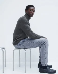 Pull col roulé gris tricot 100% laine Homme