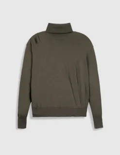 Pull col roulé kaki tricot 100% laine Femme