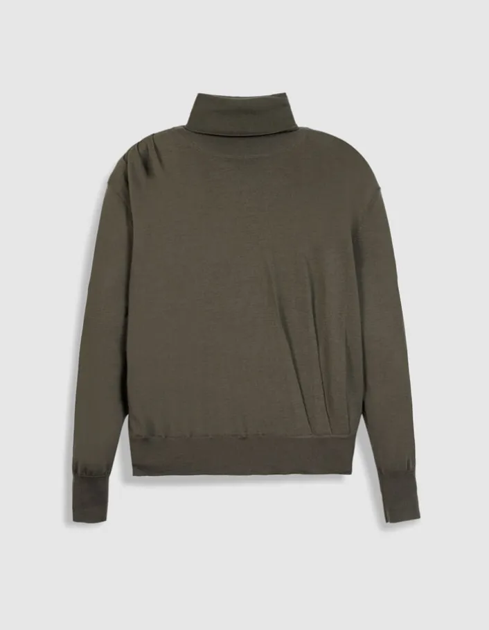 Pull col roulé kaki tricot 100% laine Femme