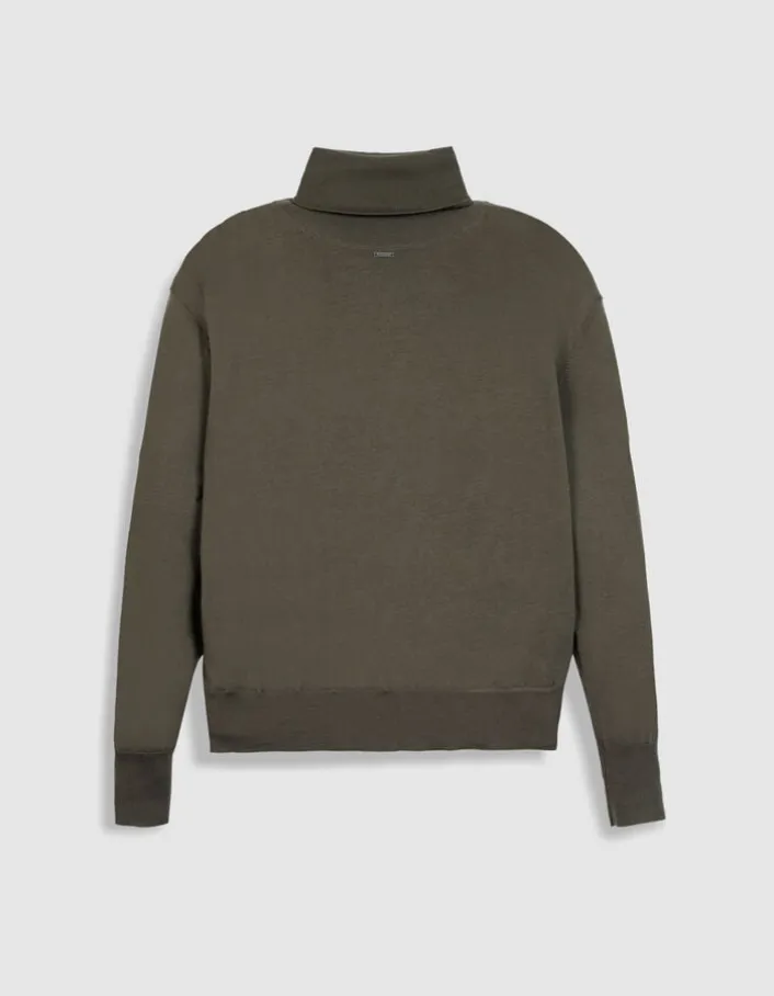 Pull col roulé kaki tricot 100% laine Femme