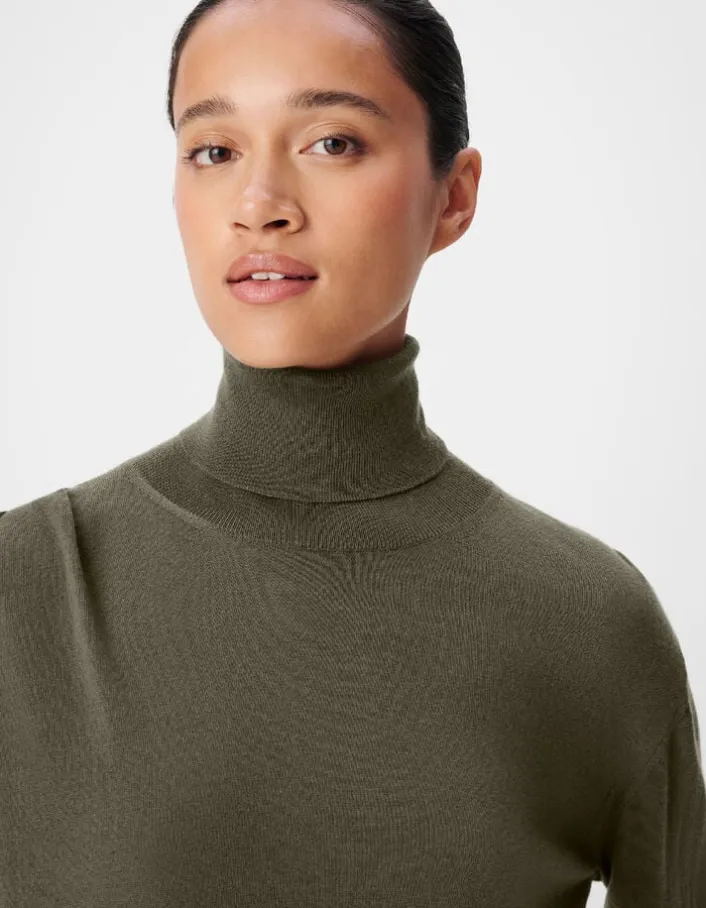 Pull col roulé kaki tricot 100% laine Femme