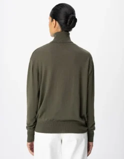Pull col roulé kaki tricot 100% laine Femme