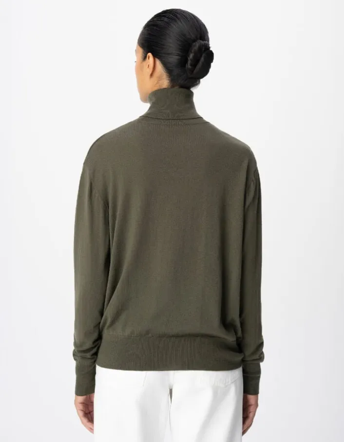 Pull col roulé kaki tricot 100% laine Femme