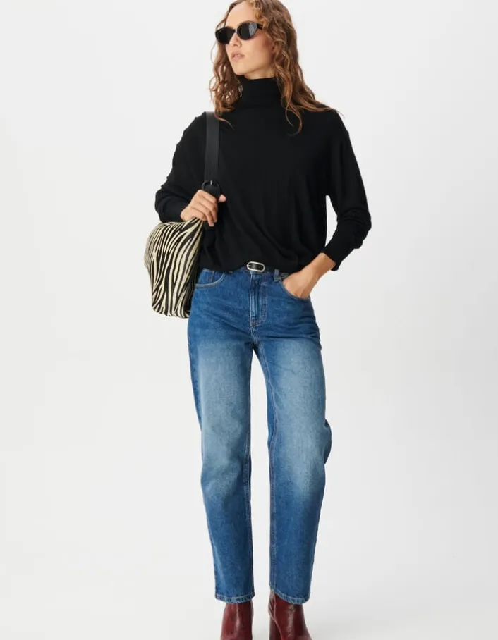 Pull col roulé noir tricot 100% laine Femme
