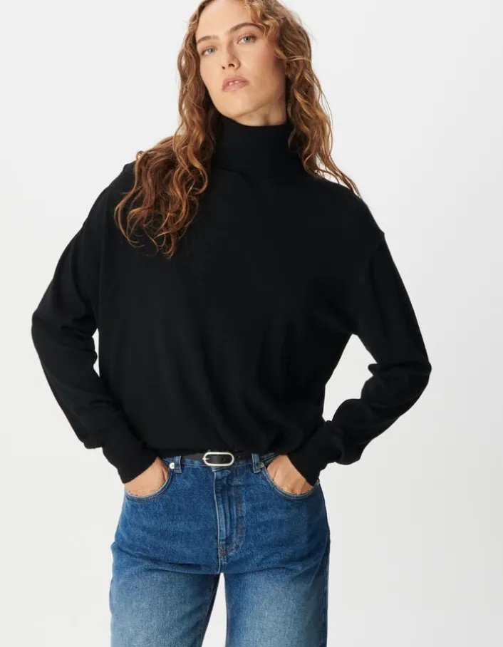 Pull col roulé noir tricot 100% laine Femme