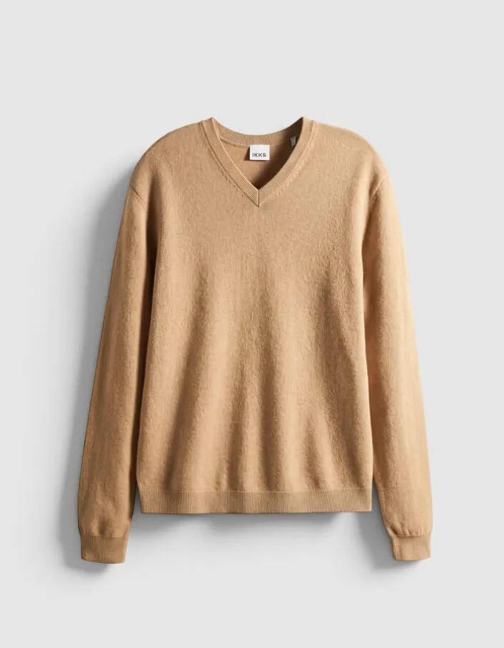 Pull col V beige tricot 100% laine Homme