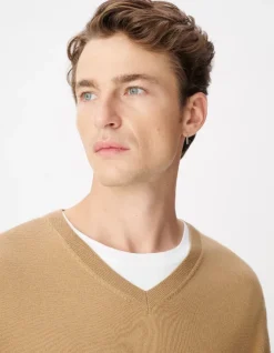 Pull col V beige tricot 100% laine Homme