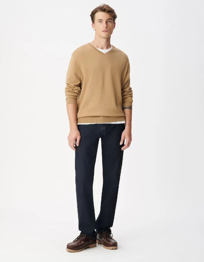 Pull col V beige tricot 100% laine Homme