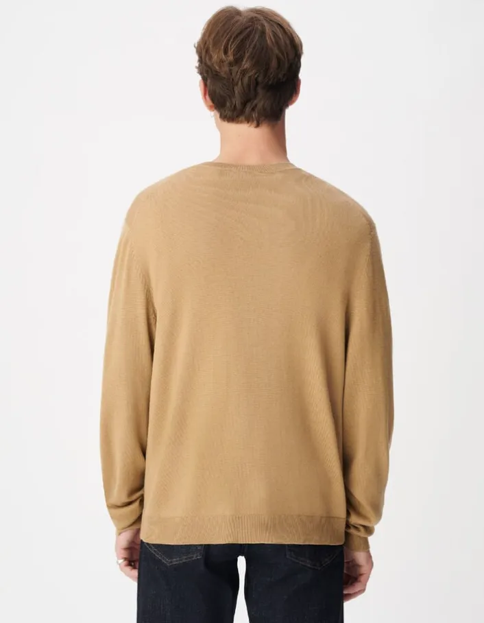 Pull col V beige tricot 100% laine Homme