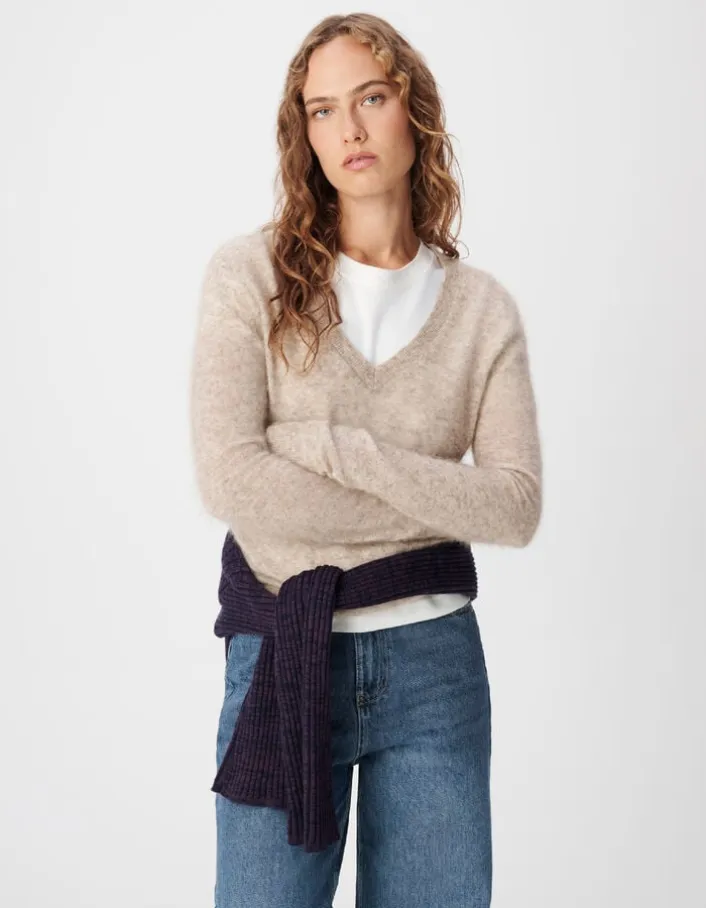 Pull col V beige tricot mohair mélangé Femme