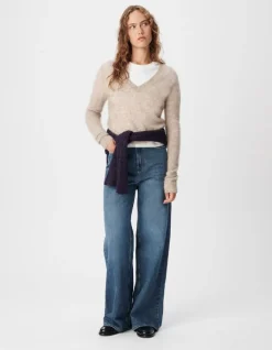 Pull col V beige tricot mohair mélangé Femme