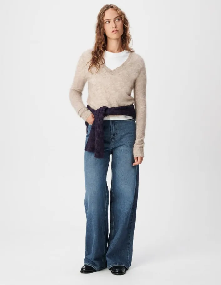 Pull col V beige tricot mohair mélangé Femme