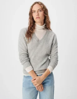 Pull col V gris tricot 100% cachemire Femme