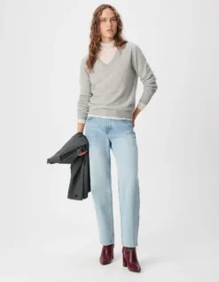 Pull col V gris tricot 100% cachemire Femme