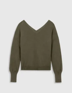 Pull col V kaki tricot 100% laine boutons strass dos Femme