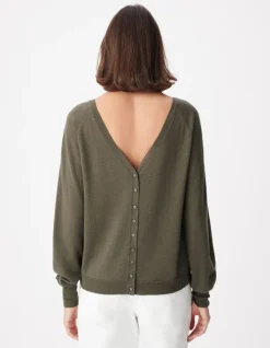 Pull col V kaki tricot 100% laine boutons strass dos Femme