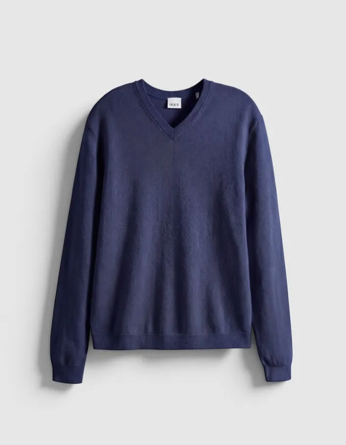 Pull col V marine tricot 100% laine Homme