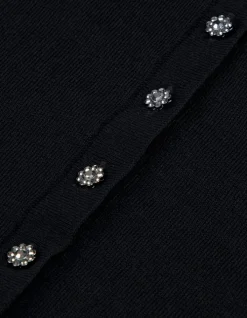 Pull col V noir tricot 100% laine boutons strass dos Femme