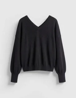 Pull col V noir tricot 100% laine boutons strass dos Femme