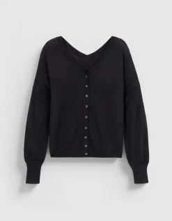 Pull col V noir tricot 100% laine boutons strass dos Femme
