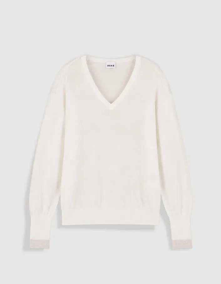 Pull encolure V blanc 100% laine Femme
