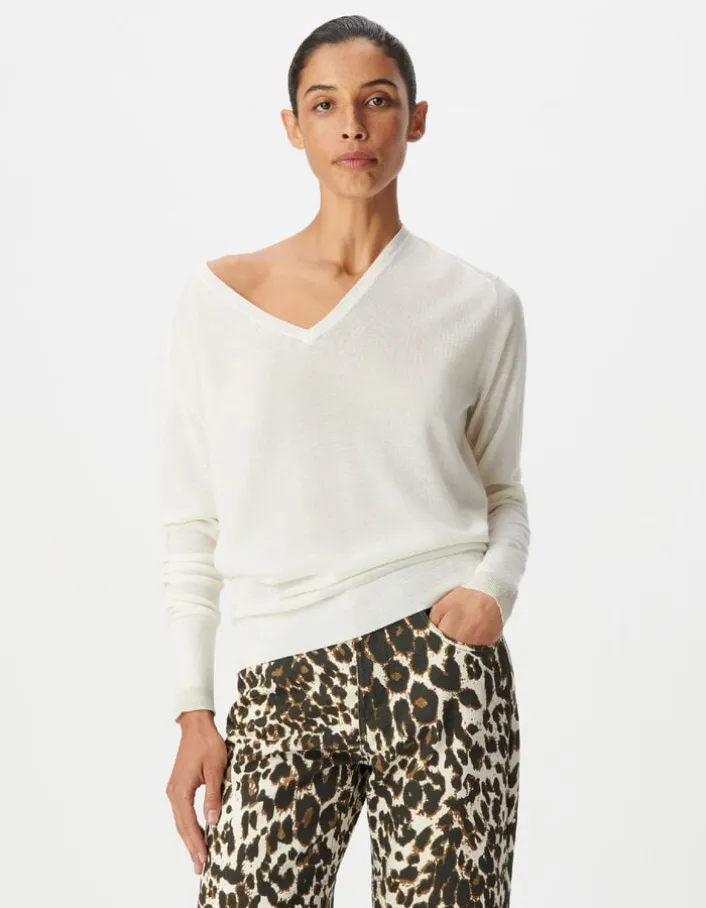 Pull encolure V blanc 100% laine Femme