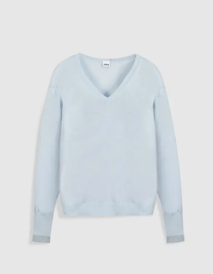 Pull encolure V bleu ciel 100% laine Femme