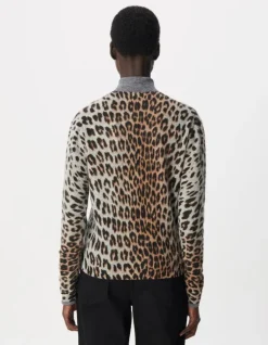 Pull gris tricot 100% cachemire motif léopard Femme