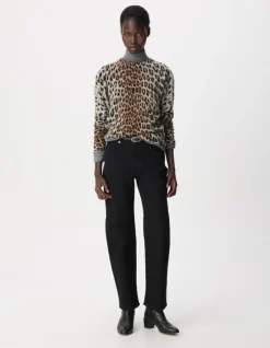 Pull gris tricot 100% cachemire motif léopard Femme