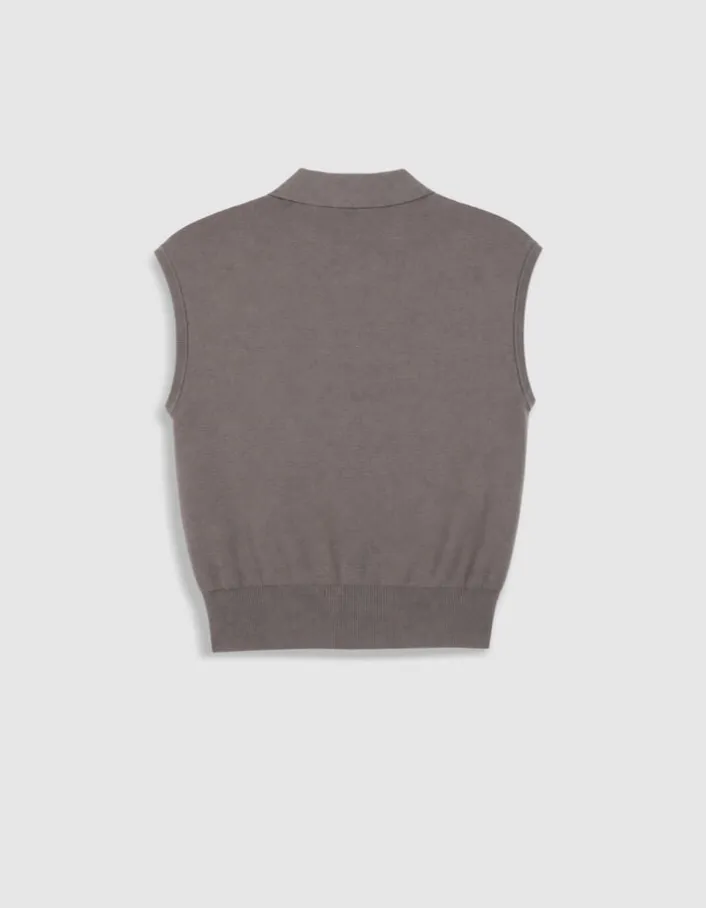 Pull gris tricot col polo sans manches Femme