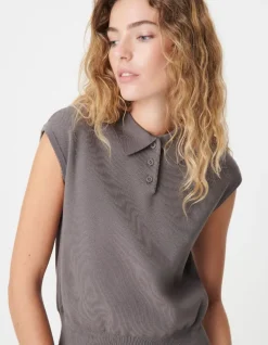 Pull gris tricot col polo sans manches Femme