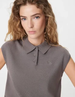 Pull gris tricot col polo sans manches Femme