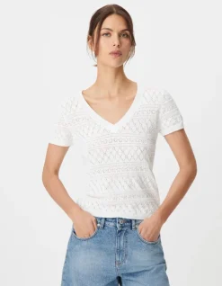 Pull manches courtes écru maille Pointelle ajourée Femme
