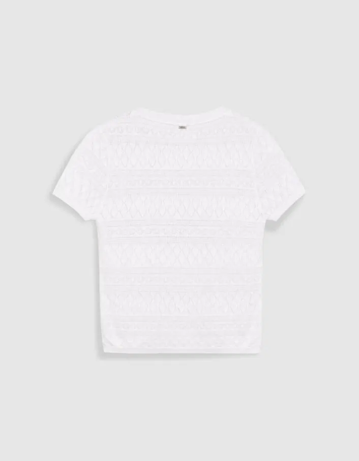 Pull manches courtes écru maille Pointelle ajourée Femme