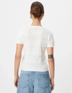 Pull manches courtes écru maille Pointelle ajourée Femme