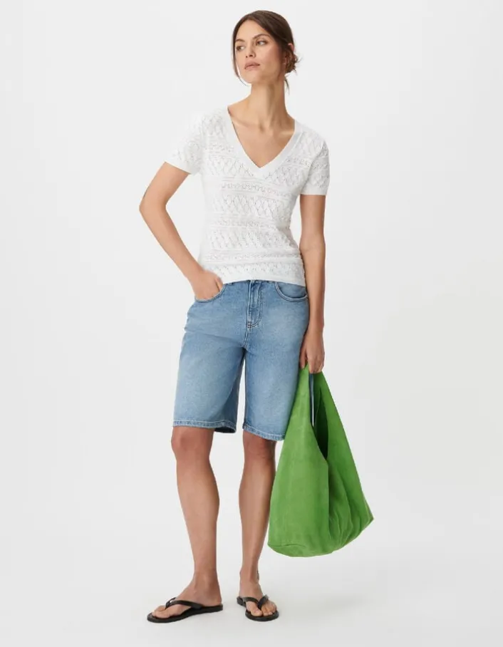 Pull manches courtes écru maille Pointelle ajourée Femme