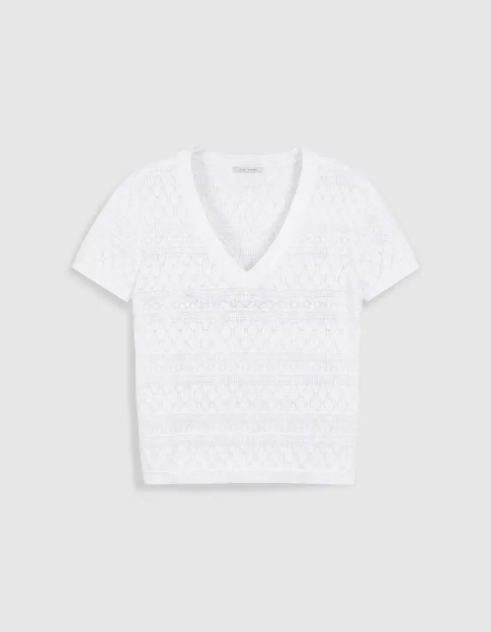 Pull manches courtes écru maille Pointelle ajourée Femme