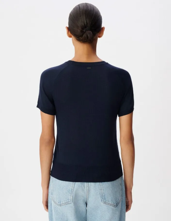 Pull manches courtes marine tricot 100% laine Femme